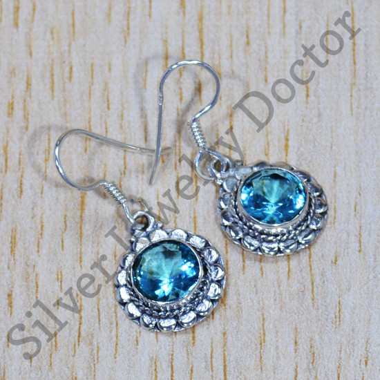 925 Sterling Silver Blue Topaz Gemstone Designer Jewelry New Earrings SJWE-716