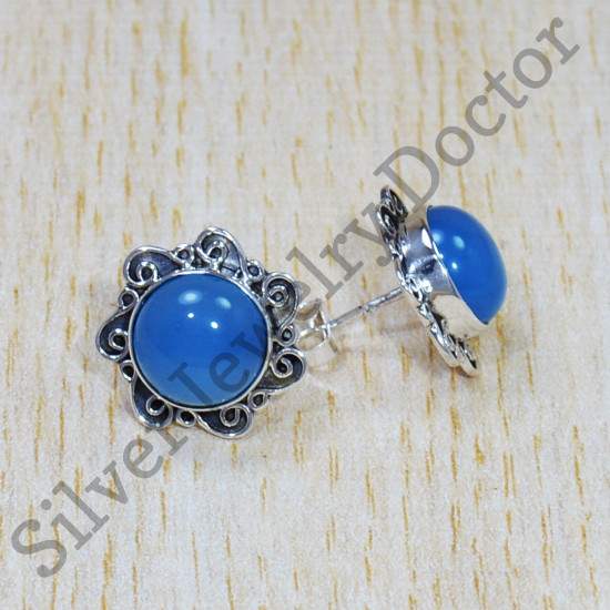 Blue Chalcedony Gemstone New Designer Jewelry 925 Sterling Silver Stud Earring SJWES-253