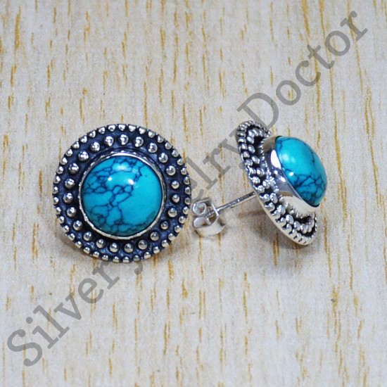 Ancient Look Turquoise Gemstone Jewelry 925 Sterling Silver Stud Earring SJWES-402