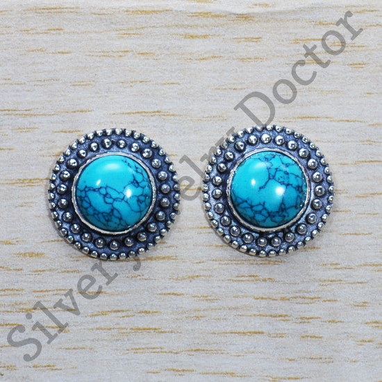 Ancient Look Turquoise Gemstone Jewelry 925 Sterling Silver Stud Earring SJWES-402