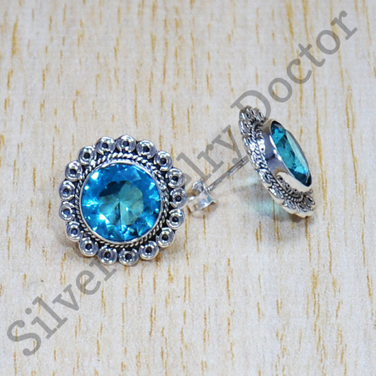 925 Sterling Silver Jaipur Fashion Jewelry Blue Topaz Gemstone Stud Earring SJWES-417