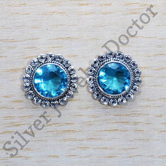 925 Sterling Silver Jaipur Fashion Jewelry Blue Topaz Gemstone Stud Earring SJWES-417