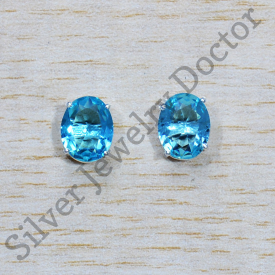 Beautiful Blue Topaz Gemstone 925 Sterling Silver Jewelry Stud Earring SJWES-424