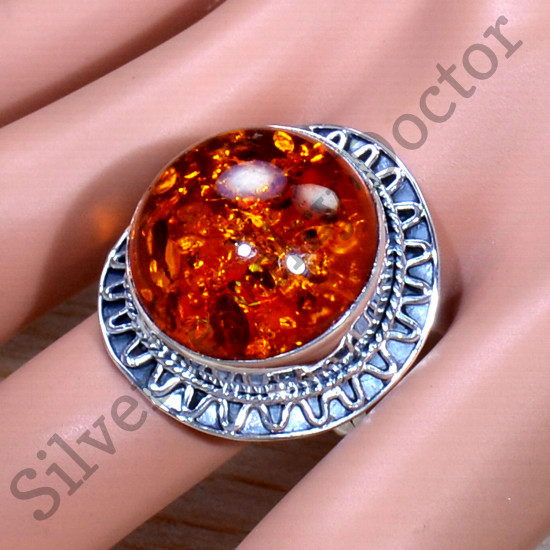 Authentic 925 Sterling Silver Jewelry Nice Amber Gemstone Ring SJWR-1615