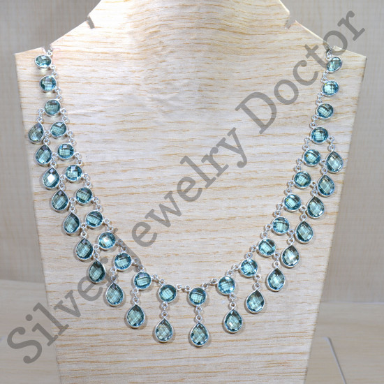 Designer Jewelry 925 Sterling Silver Blue Topaz Gemstone Royal Necklace SJWN-155