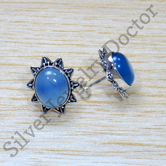 Blue Chalcedony Gemstone Vintage Look Jewelry 925 Sterling Silver Stud Earring SJWES-433