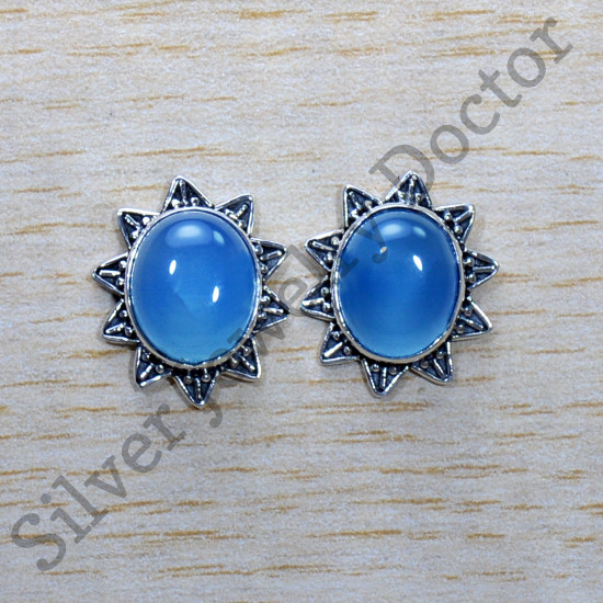 Blue Chalcedony Gemstone Vintage Look Jewelry 925 Sterling Silver Stud Earring SJWES-433
