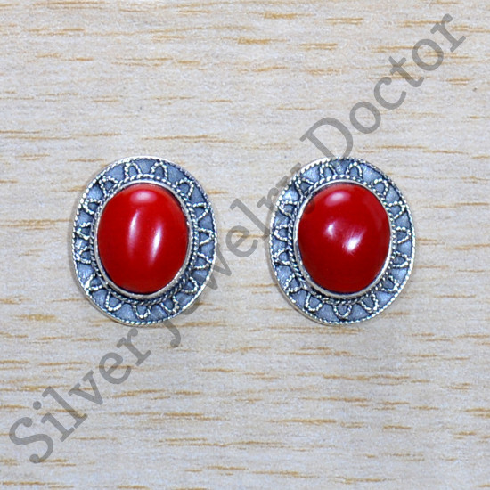 925 Sterling Silver Beautiful Coral Gemstone Jewelry New Stud Earring SJWES-444