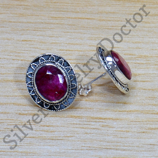 Authentic 925 Sterling Silver Woman Jewelry Ruby Gemstone Stud Earring SJWES-446