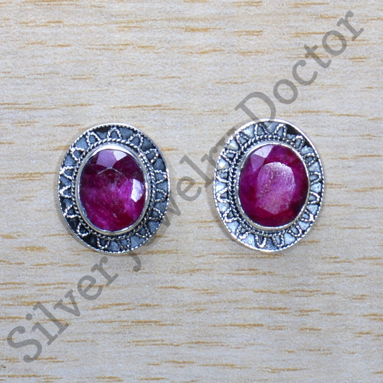 Authentic 925 Sterling Silver Woman Jewelry Ruby Gemstone Stud Earring SJWES-446