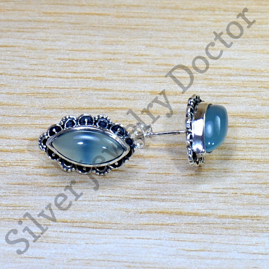 925 Sterling Silver Blue Chalcedony Gemstone Handcrafted Jewelry Stud Earring SJWES-452