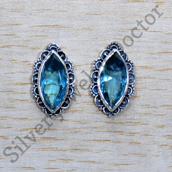 Blue Topaz Gemstone 925 Sterling Silver Fine Jewelry Royal Stud Earring SJWES-459