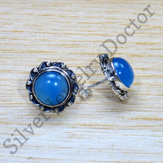 925 Sterling Silver Blue Chalcedony Gemstone Wholesale Price Jewelry Stud Earring SJWES-475