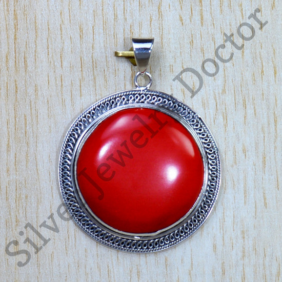 Authentic 925 Sterling Silver Coral Gemstone Jewelry Fancy Pendant SJWP-879
