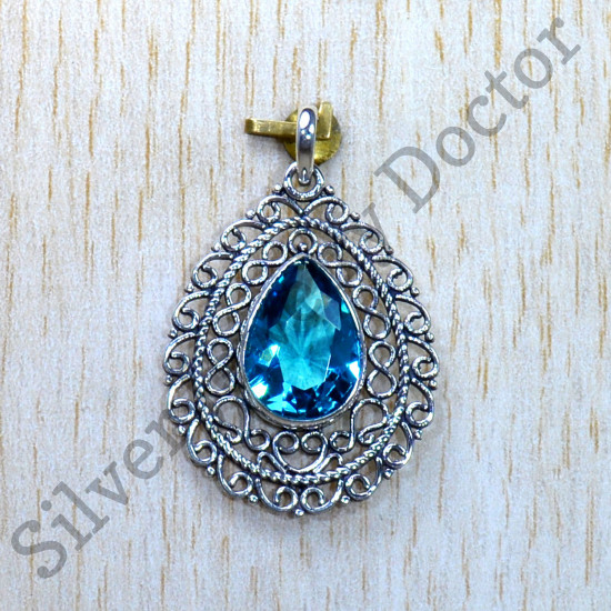 Blue Topaz Gemstone 925 Sterling Silver Exclusive Jewelry Pendant SJWP-898