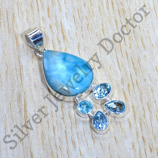 925 Sterling Silver Jewelry Larimar And Blue Topaz Gemstone Pendant SJWP-915