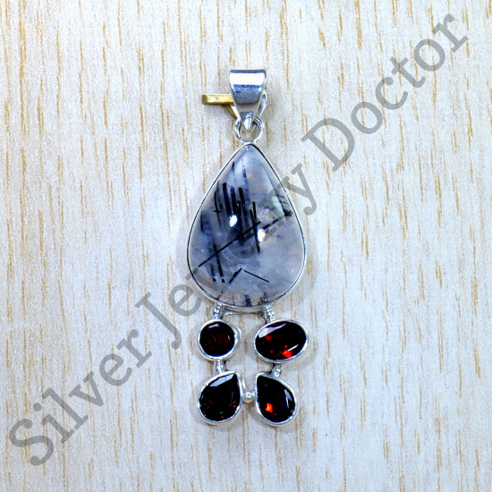 925 Sterling Silver Black Rutile And Garnet Gemstone Jewelry Pendant SJWP-925