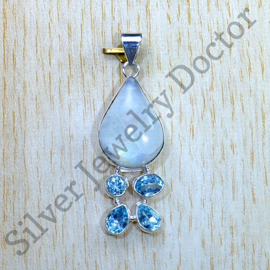 925 Silver Jewelry Rainbow Moonstone And Blue Topaz Gemstone Pendant SJWP-927
