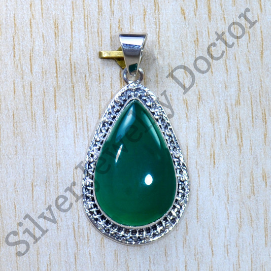 Antique Look Jewelry Green Onyx Gemstone 925 Sterling Silver Pendant SJWP-935