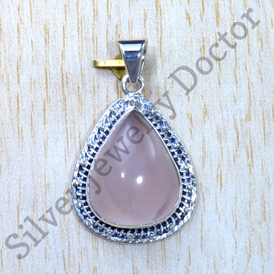 925 Sterling Silver Light Weight Jewelry Rose Quartz Gemstone Pendant SJWP-940