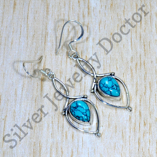 925 Real Sterling Silver Royal Jewelry Turquoise Gemstone Earrings SJWE-735