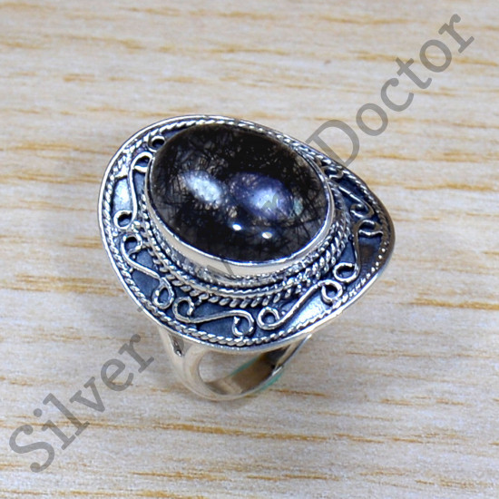 925 Sterling Silver Semi Precious Jewelry Black Rutile Gemstone Ring SJWR-1714