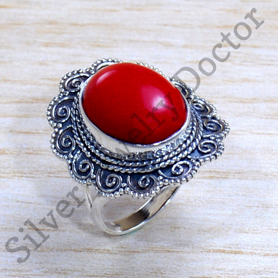 925 Sterling Silver Ancient Look Jewelry Coral Gemstone Ring SJWR-1778