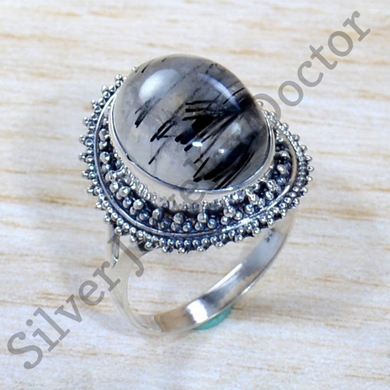 Authentic 925 Sterling Silver Royal Jewelry Black Rutile Gemstone Ring SJWR-1858