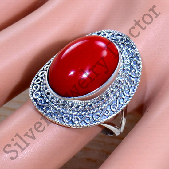 925 Sterling Silver Indian Handmade Coral Gemstone Jewelry Ring SJWR-1898