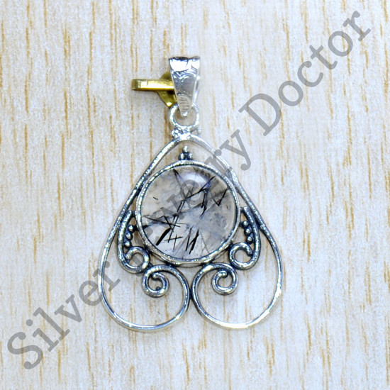 925 Sterling Silver Indian Jewelry Black Rutile Gemstone New Pendant SJWP-1073