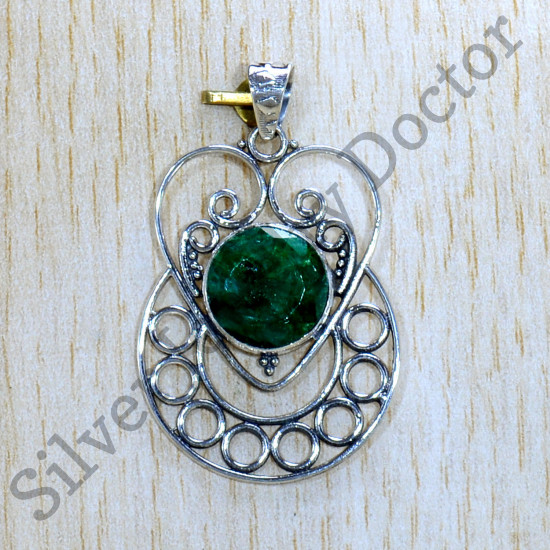 925 Sterling Silver Handcrafted Jewelry Emerald Gemstone Pendant SJWP-1085