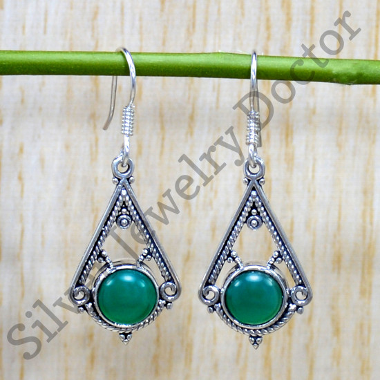 925 Sterling Silver Handmade Jewelry Green Onyx Gemstone Earring SJWE-778