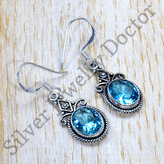925 Sterling Silver Indian Fashion Jewelry Blue Topaz Gemstone Fine Earring SJWE-786