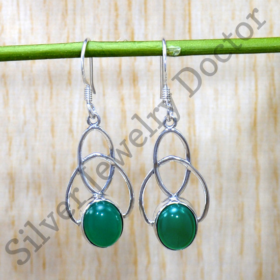 925 Sterling Silver Traditional Look Jewelry Green Onyx Gemstone Earring SJWE-798