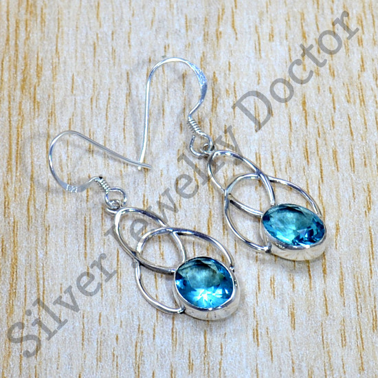 925 Sterling Silver Woman's Jewelry Blue Topaz Gemstone New Earring SJWE-805