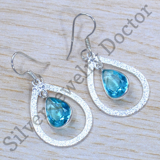 925 Sterling Silver Semi Precious Blue Topaz Gemstone Jewelry Earrings SJWE-837