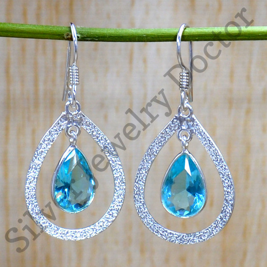 925 Sterling Silver Semi Precious Blue Topaz Gemstone Jewelry Earrings SJWE-837