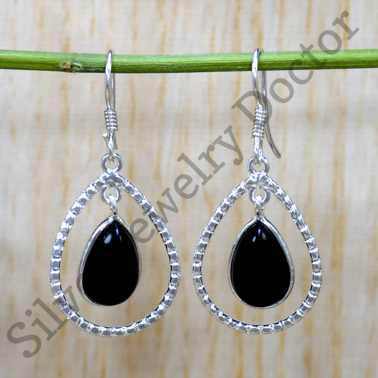 Authentic 925 Sterling Silver Jewelry Black Onyx Gemstone Fine Earrings SJWE-867