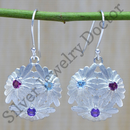 925 silver jewelry amethyst , blue topaz and garnet gemstone earring WE-6402