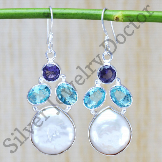 925 sterling silver jewelry blue topaz, amethyst & pearl stone earring WE-6441