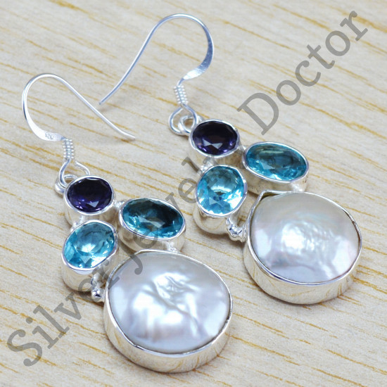 925 sterling silver jewelry blue topaz, amethyst & pearl stone earring WE-6441