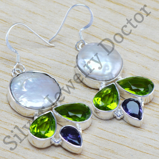 925 sterling silver jewelry pearl, peridot and amethyst gemstone earring WE-6442
