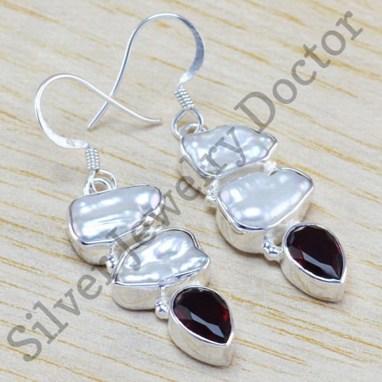 925 sterling silver unique jewelry pearl and garnet gemstone earring WE-6446