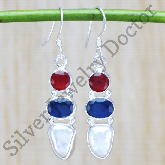 handmade jewelry pearl, ruby & sapphire gemstone 925 silver earring WE-6451