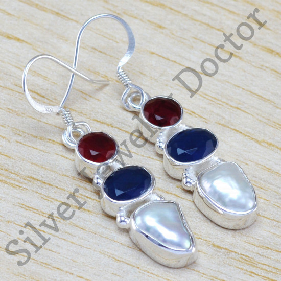 handmade jewelry pearl, ruby & sapphire gemstone 925 silver earring WE-6451