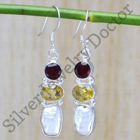 925 sterling silver jewelry pearl, ruby & citrine gemstone designer earring WE-6454