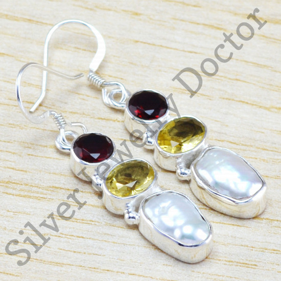 925 sterling silver jewelry pearl, ruby & citrine gemstone designer earring WE-6454
