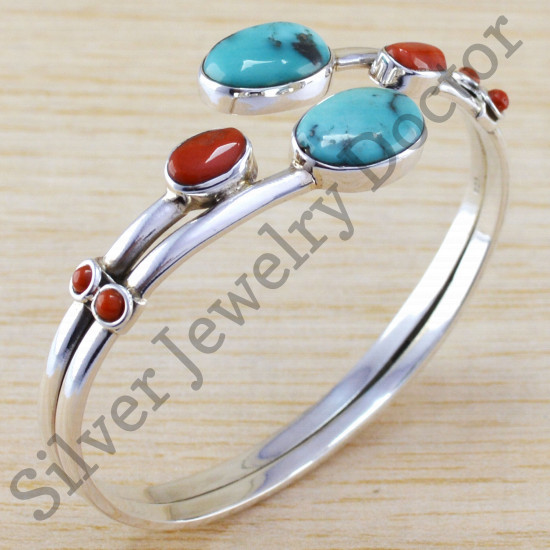 925 sterling silver jewelry turquoise and coral gemstone designer bangle WB-6485