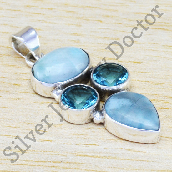 925 sterling silver vintage jewelry larimar & blue topaz gemstone pendant WP-6518