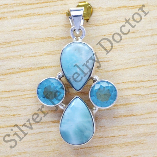 925 real silver designer jewelry larimar & blue topaz gemstone fine pendant WP-6540